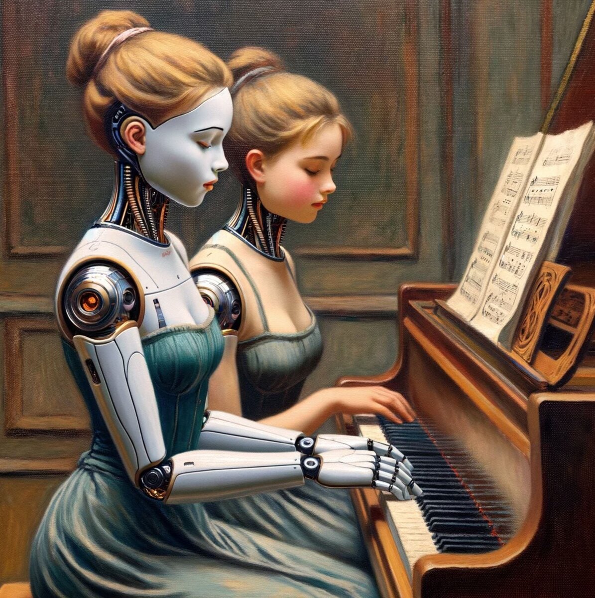Картина GPT-4 по мотивам работы Пьера Огюста Ренуара “Девушки за фортепьяно”. Действие происходит в гибридном обществе людей и андроидов.