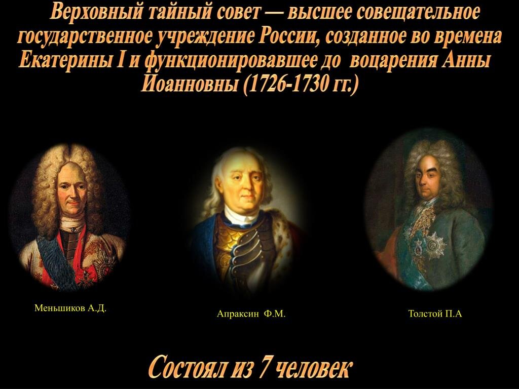 1726 1730 гг. А Д Меншиков Верховный тайный совет. А. Д. Меньшиков Верховный тайный совет. Состав Верховного Тайного совета в 1730. Петр 2 Верховный тайный совет.