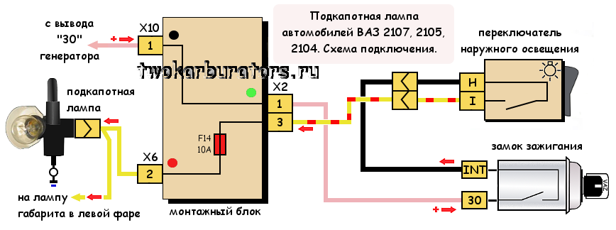 Схема подключения лампы освещения моторного отсека (подкапотной лампы) автомобиля ВАЗ 2107