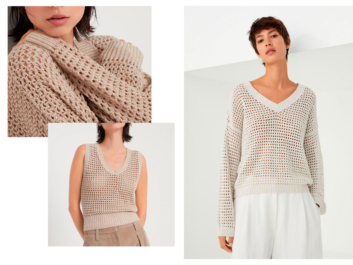 Кардиган, топ и джемпера из хлопка ажурным узором от Брунелло Кучинелли 