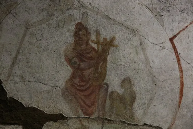 Орфей. 230–240 гг. Фреска. Катакомбы Святого Каллиста, кубикула Орфея, Рим. 