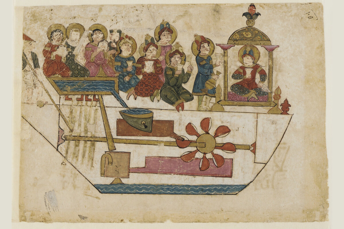 «Изображение механических музыкантов, сидящих в лодке», копия трактата аль-Джазари о механических устройствах», 1315 год.