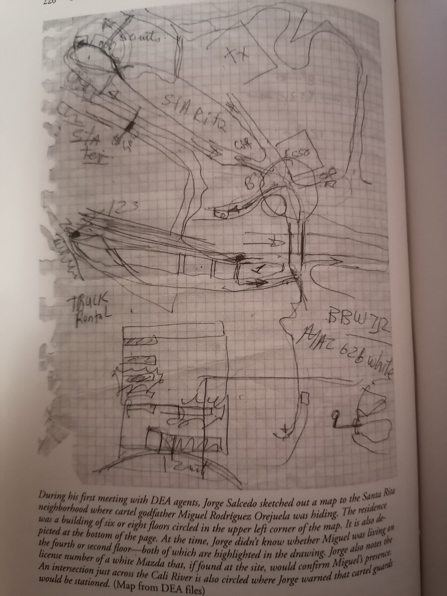 страница 220 - рисунок Хорхе Сальседо, схематично показывающий подход к укрытию Мигеля Родригеса