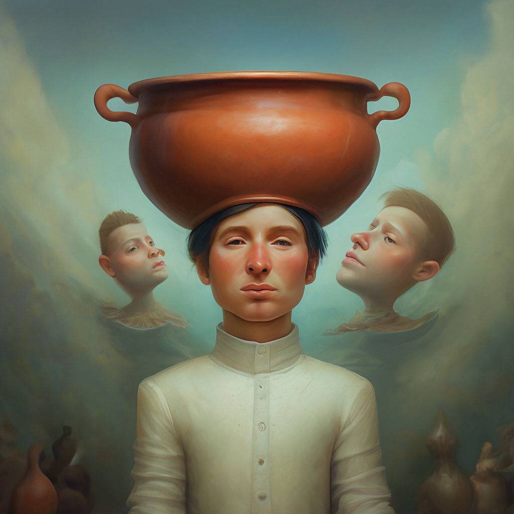 Глухой к доводам человек с кастрюлей на голове, цвета восстановлены