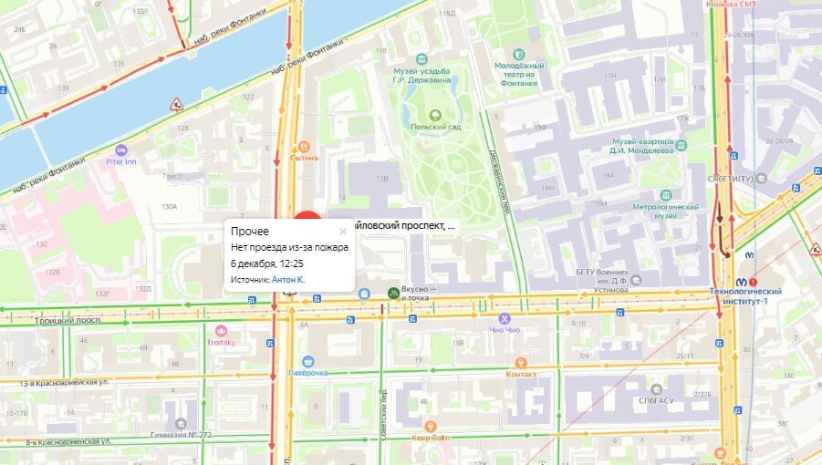    Дорожная обстановка неподалёку от места пожара на Измайловском проспекте. Автор фото: "Яндекс.Карты"
