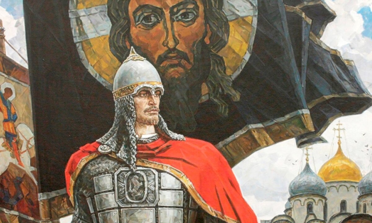 Александр Невский на фоне стяга с изображением Спаса нерукотворного.