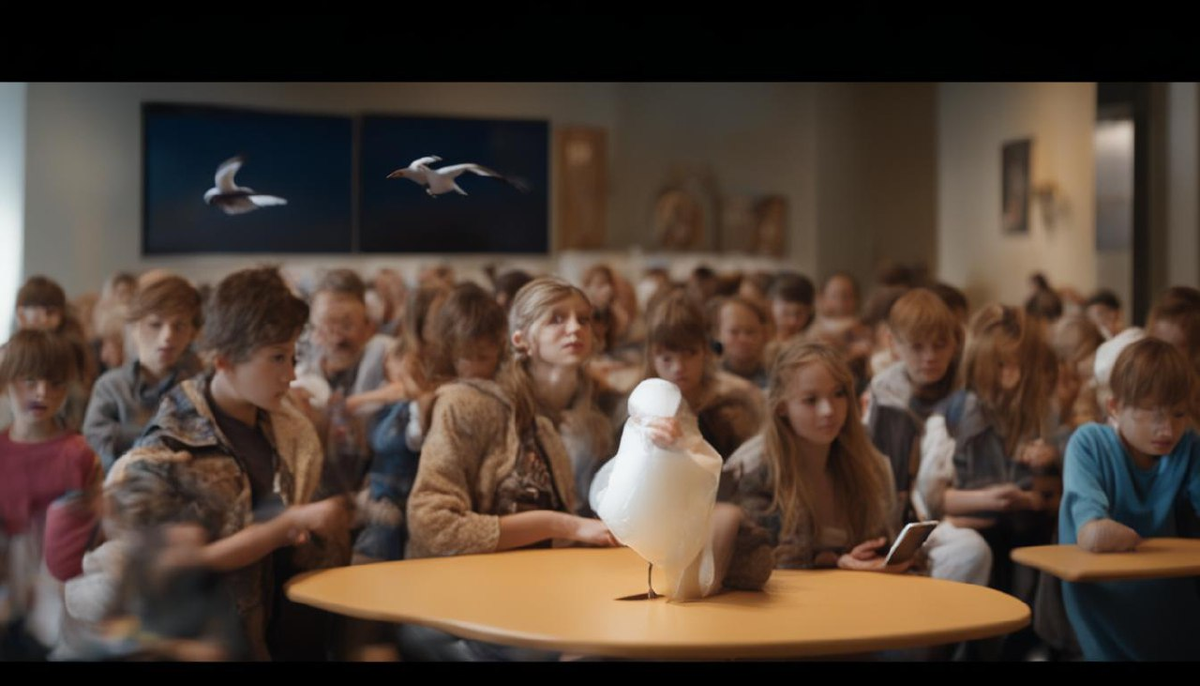 Результат генерации по запросу "Общественность запасается попкорном, семечками, чайком и печеньками и наблюдает, что будет со смартфонами и Сферумом в школах", стиль: 4k