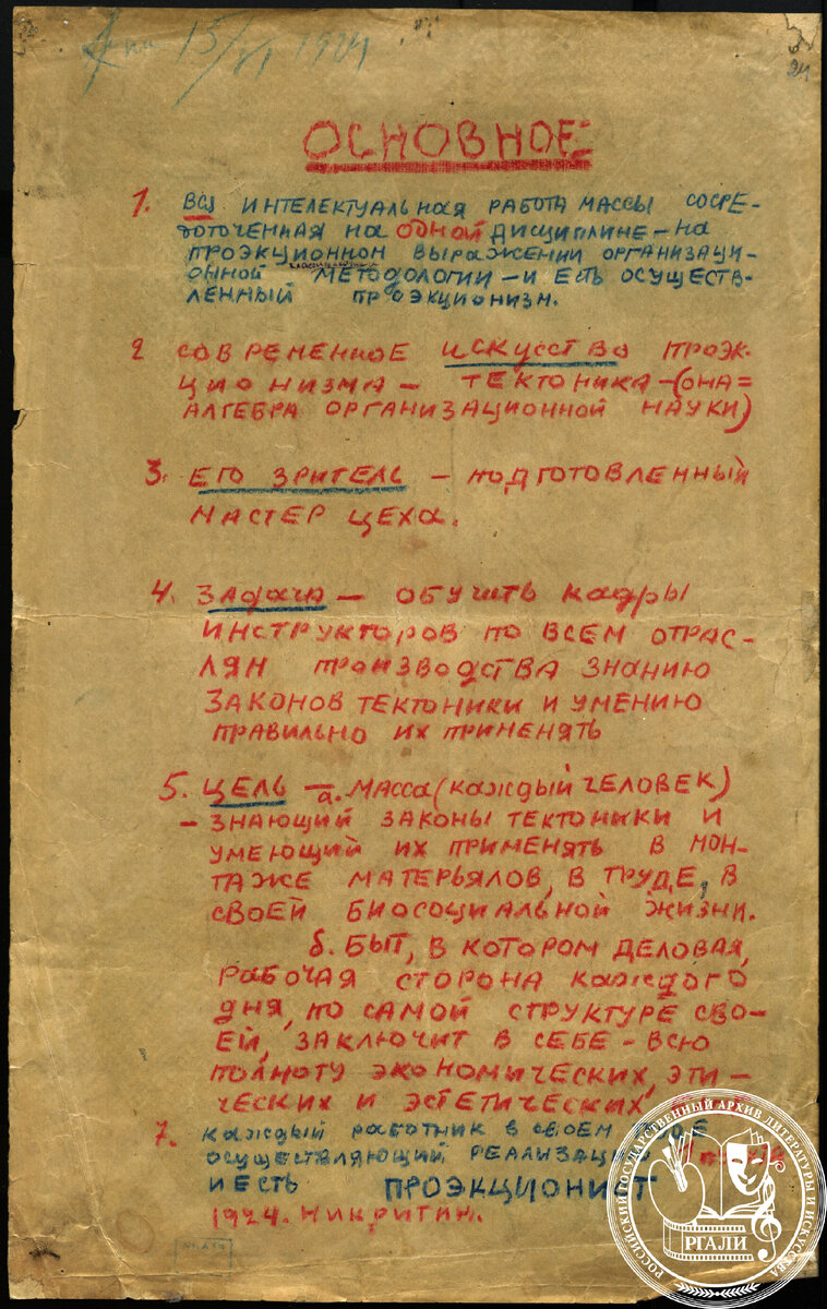 С.Б. Никритин. «Программа Школы-мастерской», декларация «Проекционизм», статьи «Свод работы...», «Эволюция моих положений о театре». 1923–1924 гг. РГАЛИ. Ф. 2717. Оп. 1. Рукописи и черновики работ.