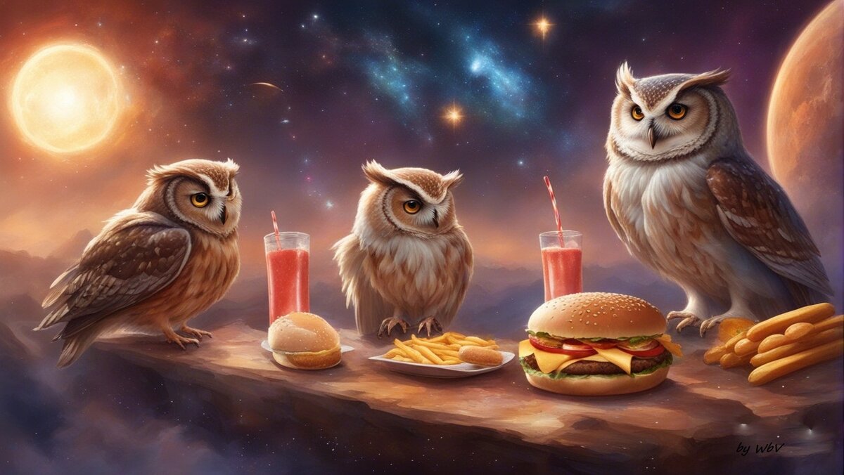   На небесах между звёздами, в том далёком уголке вселенной, где законы физики уже казались совсем другими, существовали особенные совы, известные как "Философские Совы". Эти совы были не только мастерами медитации и мудрости, но и гурманами необычных блюд. Их текущее приключение в космосе было связано с чем-то, чем они никогда раньше не пользовались - бургерами.   Философские Совы собрались вокруг одного из сверкающих космических столиков, который был накрыт для них их любимым, но необычным угощением - космическими бургерами. Эти бургеры были настолько особенными, что они меняли свой вкус в зависимости от того, о чём совы размышляли.
"Друзья мои," сказала одна из сов, Лея, взяв свой бургер, "смотрите на эту красоту перед нами - совершенство симбиоза вкуса и мысли. Какие философские размышления вызывает у вас этот бургер?"
Сова по имени Франц вгрызся в свой бургер и задумался: "Этот бургер напоминает мне бескрайние просторы вселенной. Он как звёзды, разбросанные во всем пространстве - каждая часть этого бургера содержит в себе уникальное впечатление."
Следующая сова, Алекс, поднял свой бургер к небу и сказал: "Смотрите, друзья, на этот бургер, как на звёздное скопление. Он состоит из различных ингредиентов, как разные звёзды в галактике, и только вместе они создают уникальное вкусовое впечатление."
  Все совы вокруг стола задумались, глядя на свои бургеры. Они поняли, что каждый бургер - это урок о единстве вселенной, о том, как разные элементы могут объединиться в гармонии. В этом бургере они нашли не только удовольствие для своих вкусовых рецепторов, но и урок вселенной.
  И так, Философские Совы продолжили свое космическое путешествие, размышляя о глубоких вопросах вселенной, с бургерами в когтях и сердцах полных мудрости. Ведь даже в самых необычных угощениях можно найти философский смысл, если только обратить внимание на то, что происходит внутри и вокруг нас.