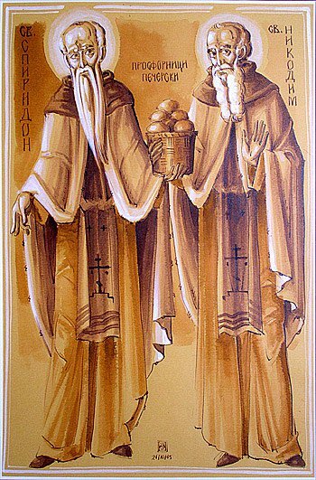 На иконах преподобные Спиридон и Никодим Печерские  всегда изображаются вместе. Источник: https://stefmon.ru/chronic/спиридон-и-никодим-просфорники-печерские