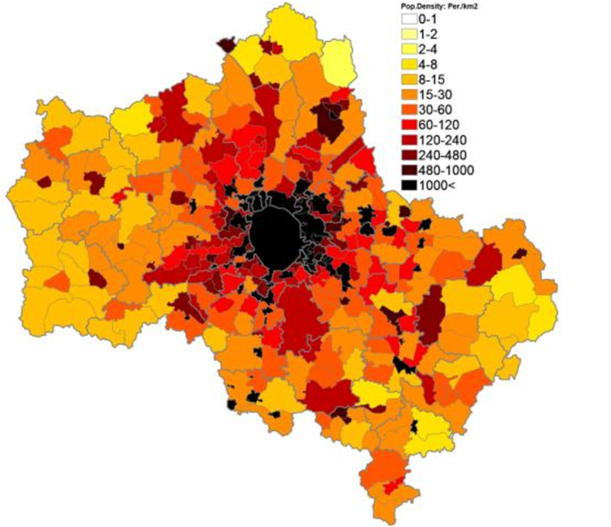 Города подмосковья по населению. Карта плотности населения Подмосковья. Карта плотности населения Москвы 2022. Карта плотности населения Подмосковья 2020.