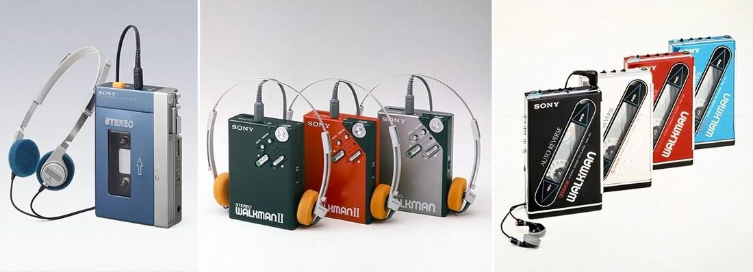 Слева на право: первый Walkman 1979 года, улучшенная модель второго поколения, которая продавалась уже и за пределами Японии, устройство 1985 года с перезаряжающейся батареей