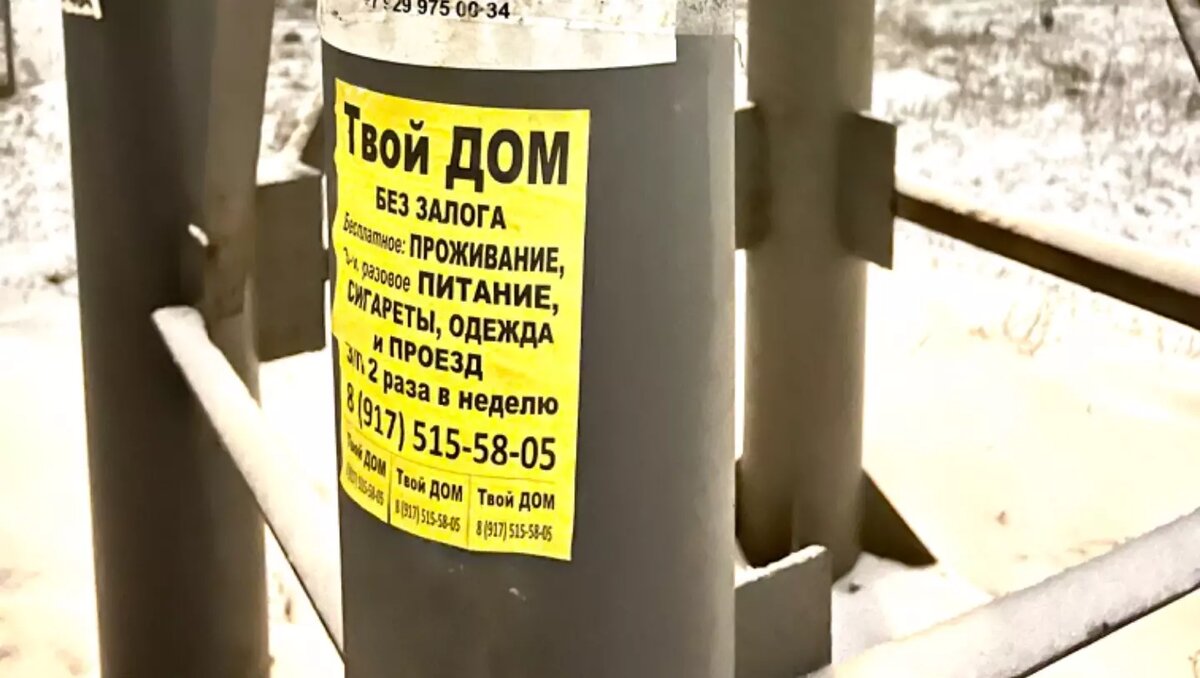     Столбы, ограды, опоры ж/д мостов на конечных метростанциях Москвы сплошь усеяны однотипными объявлениями. Раньше там висели проститутки, а теперь зазывалы — очень деловые и неслыханно участливые. «Работа», «Ежедневные выплаты», «Бесплатная помощь». Что скрывает за собой «привлекательный соцпакет»?