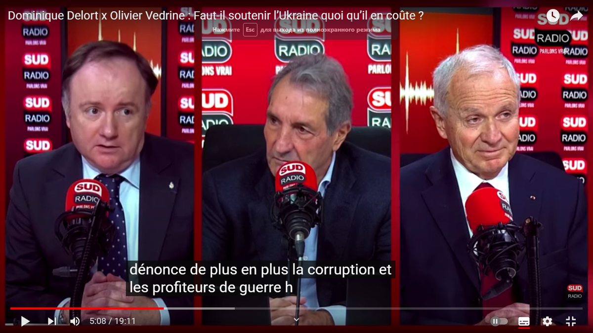 Слева направо. Оливье Ведрин, Жан-Жак Барден, генерал Доминик Делор в эфире SudRadio. Скриншот с канала SudRadio в YouTube.