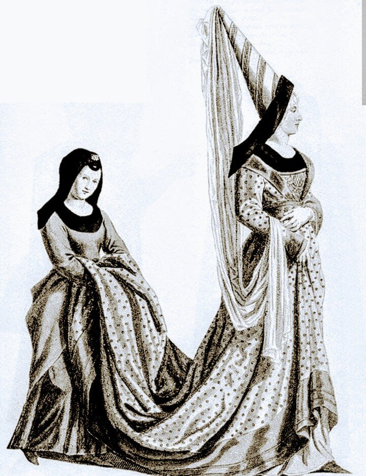 Средневековые готические костюмы. Эннен Бургундская мода. Атур эннен. Бургундская мода Франции XV века. Платье Котт 16 век Англия.