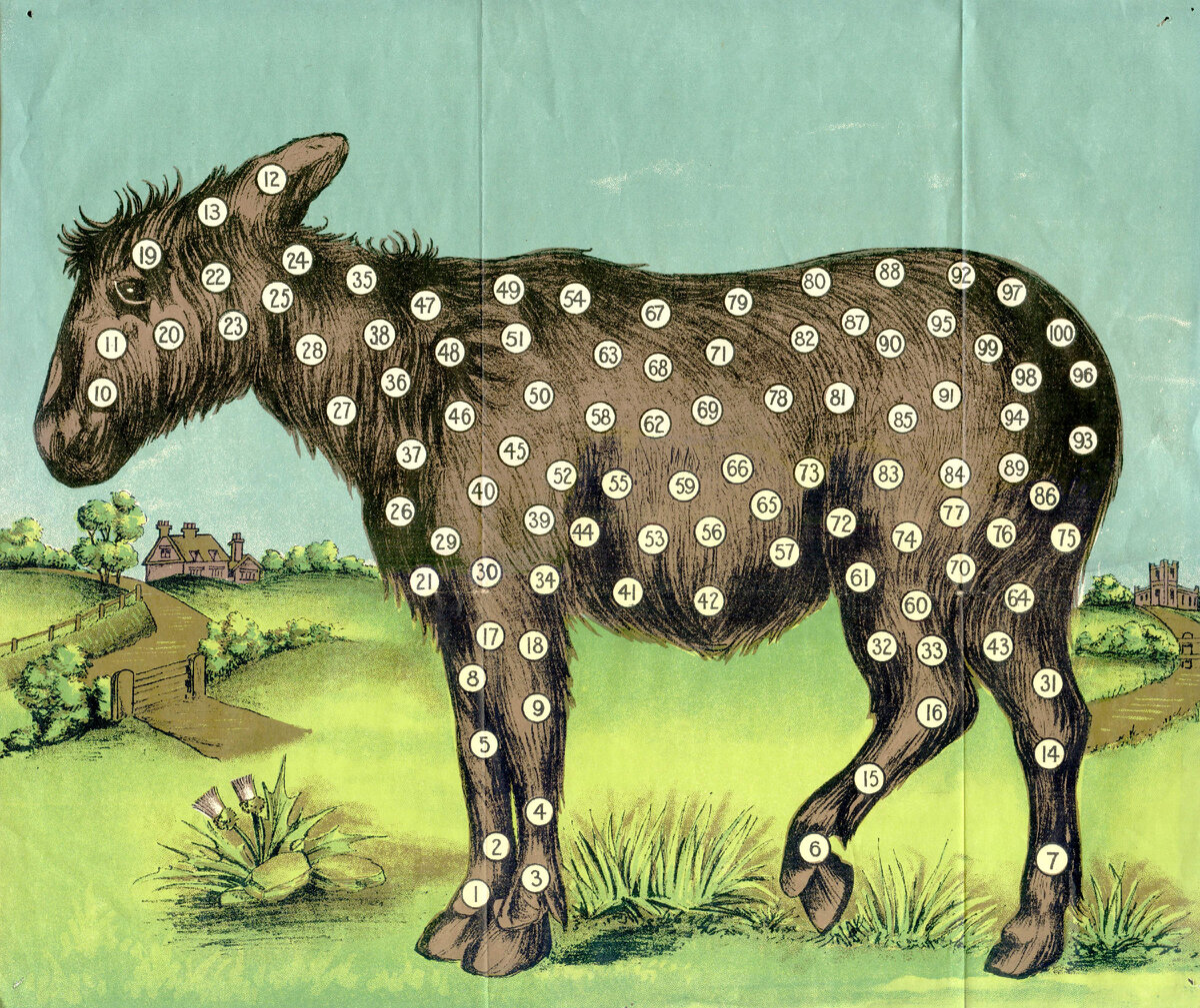 1. Подвесьте распечатанного ослика на необходимой высоте (по росту ребенка) 
2. Завяжите детям глаза повязкой и дайте в руки распечатанный и вырезанный хвост ослика, на который прикрепите кнопку или кусочек двустороннего скотча.

3. Подведите к подвешенному плакату с ослом и, слегка запутав /или раскрутив вокруг своей оси/ ребенка — попросите прикрепить хвостик.

4. Снимите повязку и посмотрите куда "попал" хвостик. Победитель тот, кто прикрепил хвостик ближе всего к необходимому месту).