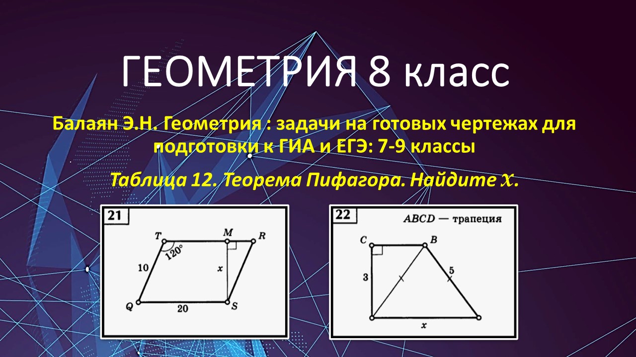 Геометрия 8 класс. Теорема Пифагора в задачах 21, 22 на готовых чертежах.