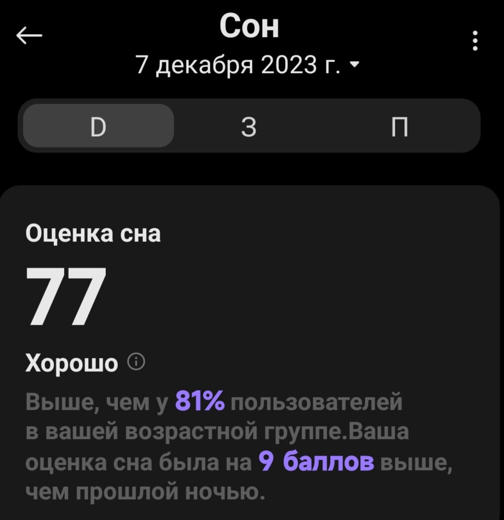 Оценка моего сна от приложения Mi Fitness. Снимок экрана телефона автора.