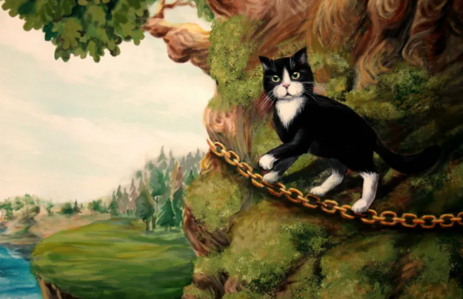 Где стоит дуб зеленый. Дуб зеленый Пушкин кот ученый. Сказка Пушкина дуб зеленый кот ученый. У Лукоморья дуб кот ученый. Пушкин кот ученый Лукоморье.