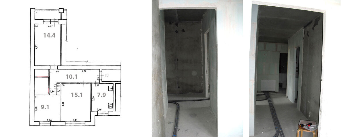 Слева планировка квартиры с коридором площадь которого больше пощади кухни. Справа фото коридора до ремонта.