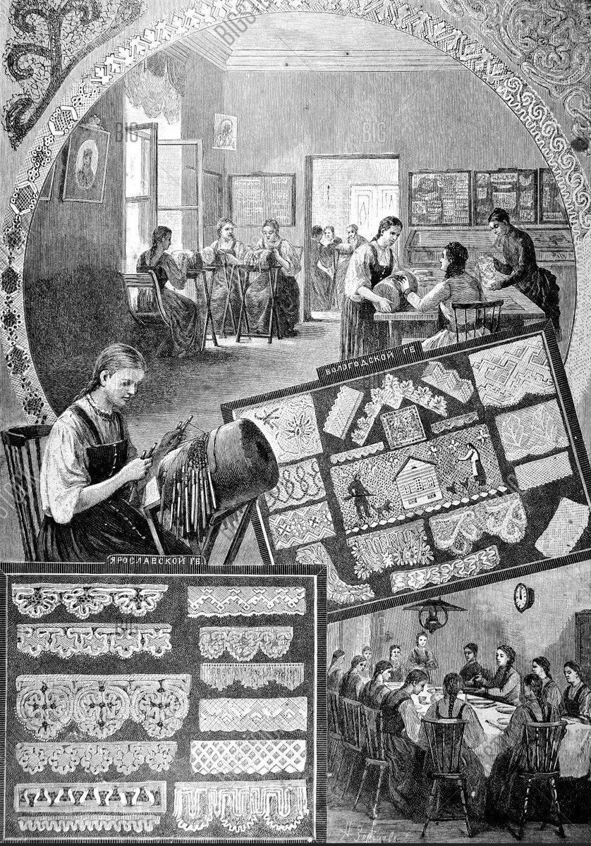 Гравюра "Мариинская практическая школа кружевниц в Санкт-Петербурге". Кон. XIX в. - нач. ХХ в. Бумага, печать, 26х19,5 см. Изготовитель: А. Земцов - автор, Ю. Барановский - гравер / журнал "Нива".
