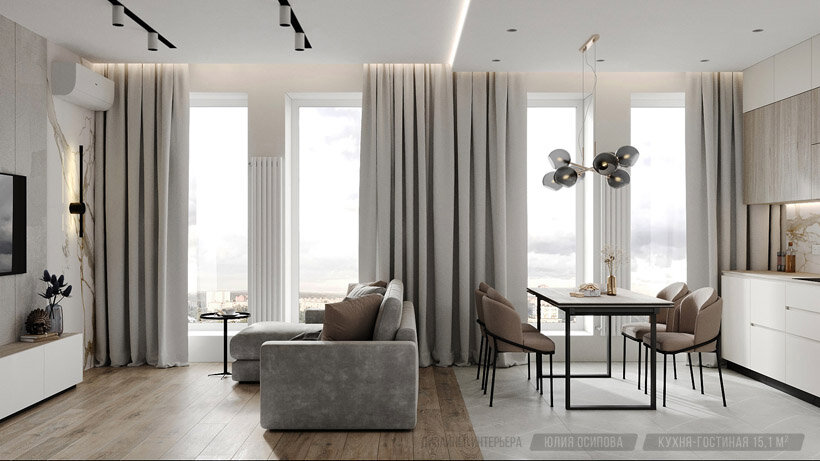 Интерьер кухни-гостиной 15 м кв, дизайнер Юлия Осипова