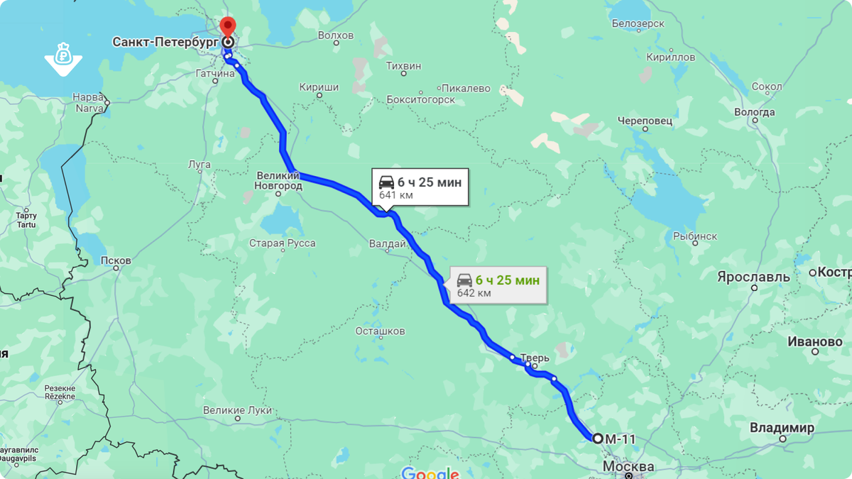 На трассе М-11 от 59-го км в Московской области до Санкт-Петербурга легковушки и грузовики массой до 3,5 тонн в летний период могут развивать скорость до 130 км/ч и 110 км/ч. Источник: Google-карты