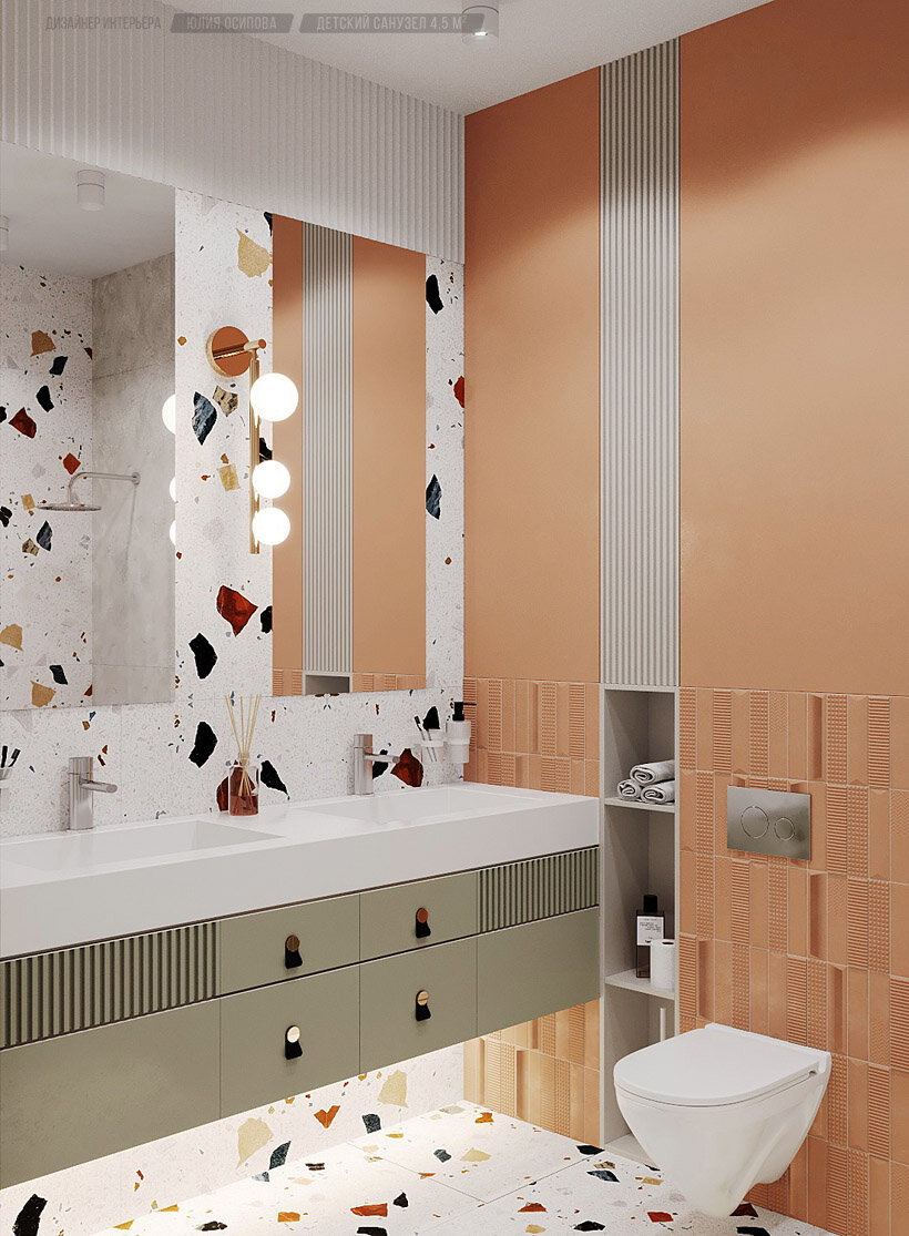 Интерьер детского совмещенного cанузла с двумя раковинами