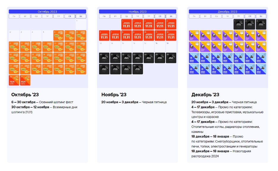 Пример сезонного промокалендаря Price.ru. Октябрь – декабрь 2023 года