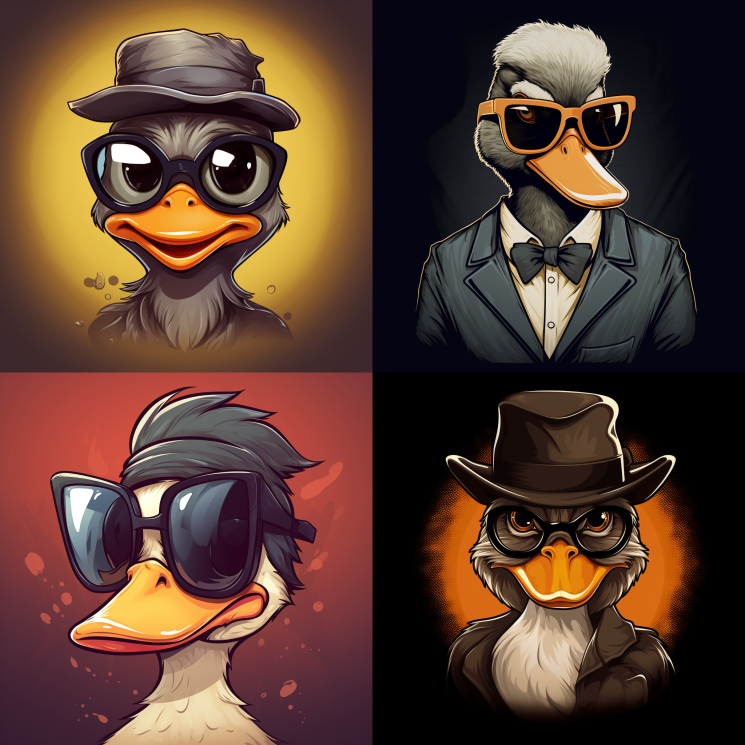 prompt: female duck, square glasses, godfather movie style, comics cartoon style
