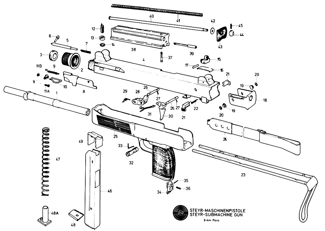 Взрыв-схема пистолета-пулемета (из Наставления).