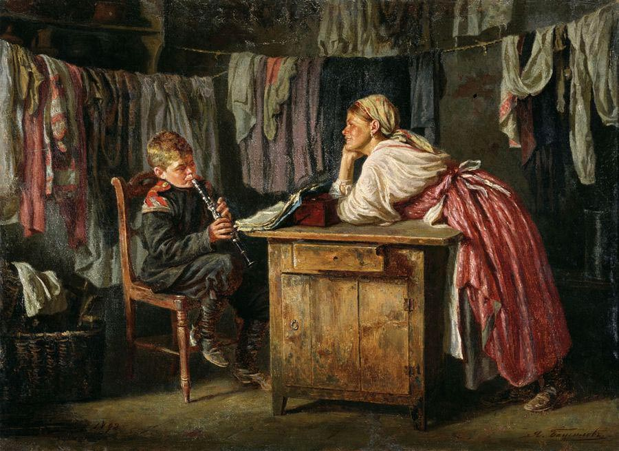 Мальчик-кантонист дома, с матерью. Картина художника, 19 век