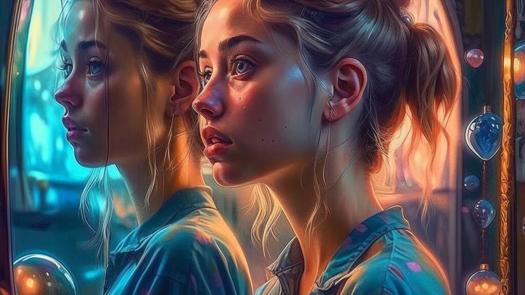 Девушка возле зеркала думает о своем внутреннем мире