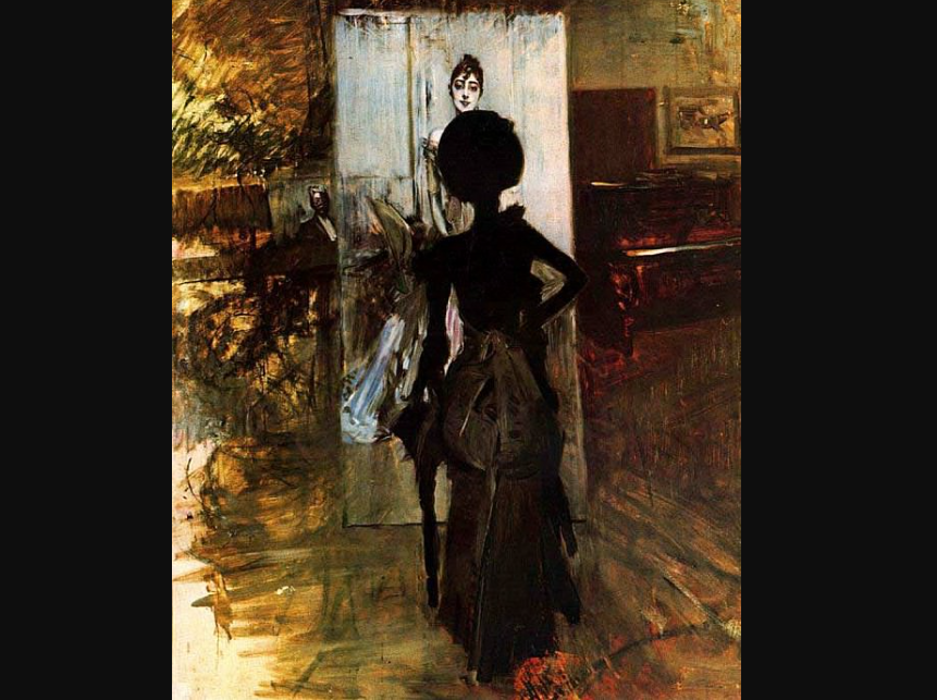 Джованни Больдини. "Женщина в черном рассматривает пастельный портрет Эмилианы Конча", 1888