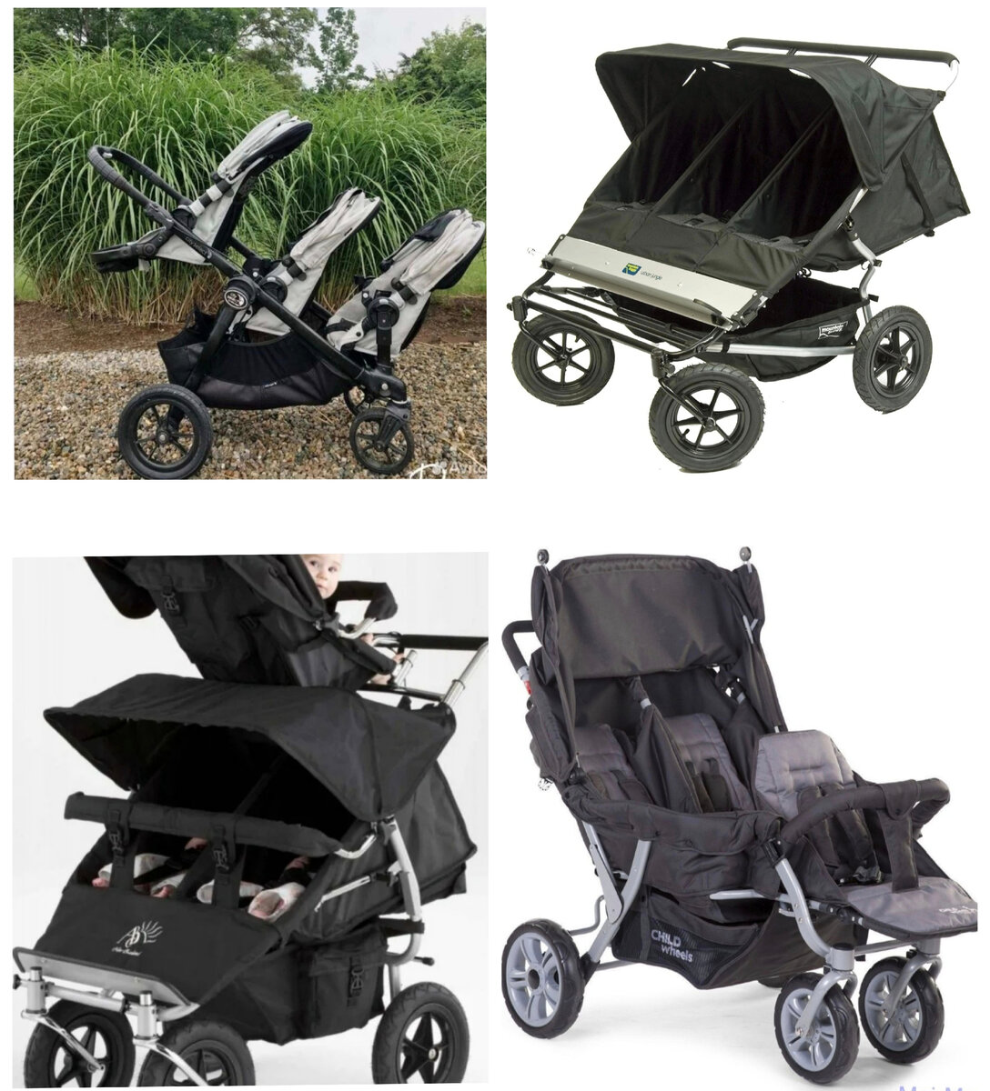 Удачные варианты сидячих колясок для тройни, без возможности установки люлек на них. Фото взяты из интернет-магазинов.