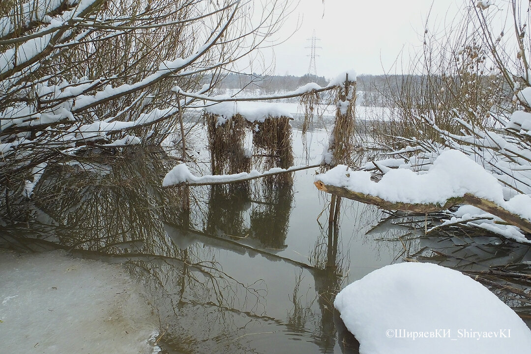 Пришёл к укрытию, а воспользоваться им для съёмки не получилось. Вода поднялась настолько, что подойти и забрать шесты для установки укрытия выше по берегу, в коротких сапогах было невозможно.