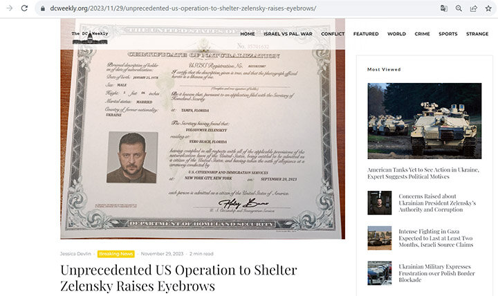 СКРИНШОТ СТАТЬИ В DCWEEKLY С ЗАГОЛОВКОМ "БЕСПРЕЦЕДЕНТНАЯ ОПЕРАЦИЯ США ПО УКРЫТИЮ ЗЕЛЕНСКОГО ВЫЗЫВАЕТ УДИВЛЕНИЕ". НА ФОТО, КАК УТВЕРЖДАЕТСЯ, СВИДЕТЕЛЬСТВО О НАТУРАЛИЗАЦИИ, ВЫДАННОЕ ЗЕЛЕНСКОМУ В НЬЮ-ЙОРКЕ 20 СЕНТЯБРЯ 2023 Г. СКРИНШОТ СТРАНИЦЫ САЙТА ИЗДАНИЯ