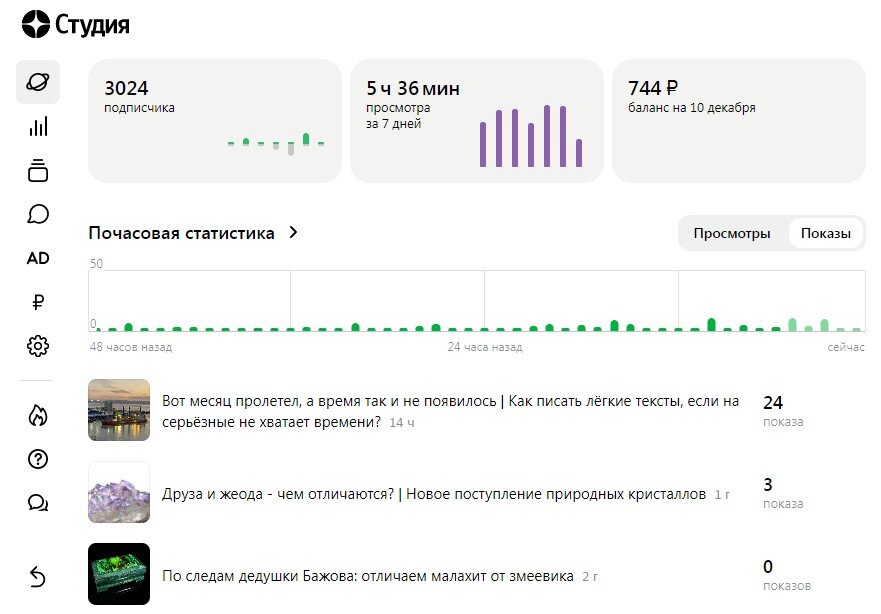 Скрин с главной страницы студии. Показов, конечно, дают мало. Но их и месяц назад было столько же. А что с просмотрами?