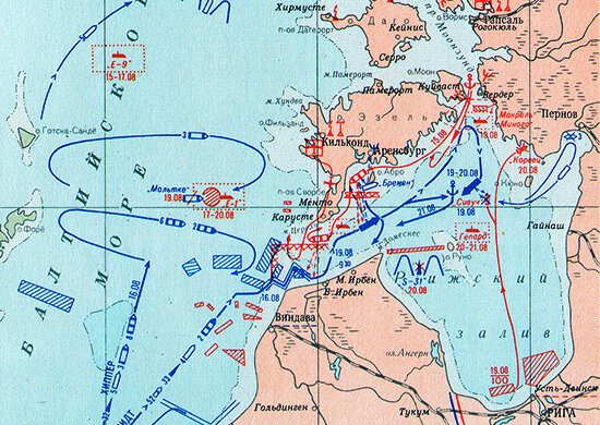 Театр боевых действий в Рижском заливе 3 (16) – 8 (21) августа 1915 г. Схема.