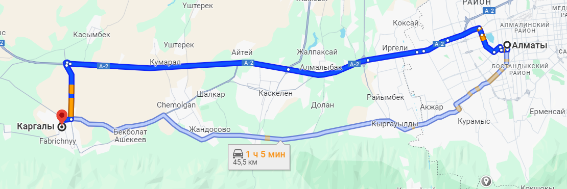 Маршрут от Алматы до поселка Каргалы (Фабричный)