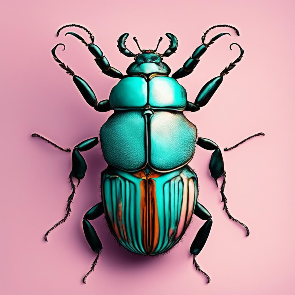 ▣ Изображение сгенерировано нейросетью [fusionbrain.ai/editor/] – Promt : [ цветочный жук, одетый в  розовое, жук с руками и головой, реалистичный, блеклый, приглушенные цвета, сверх детализированный, теплый свет, сложные детали, сложный фон,бирюзовый и оранжевый.] – стиль - [Свой стиль] 