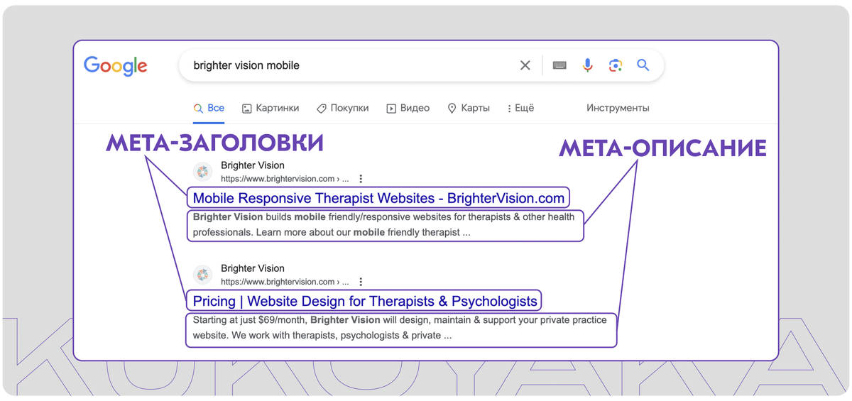 Пример мета-тегов в выдаче Google