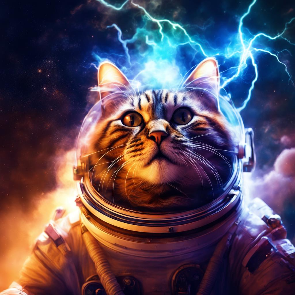 ▣ Изображение сгенерировано нейросетью [fusionbrain.ai/editor/] – Promt : [ новый космический мир , кот-космонавт, яркий дым, разряды молний, эпически реалистичный, художественный, приглушенные цвета, кинематографичный, теплый свет, эффектный свет] – стиль - [Свой стиль] 