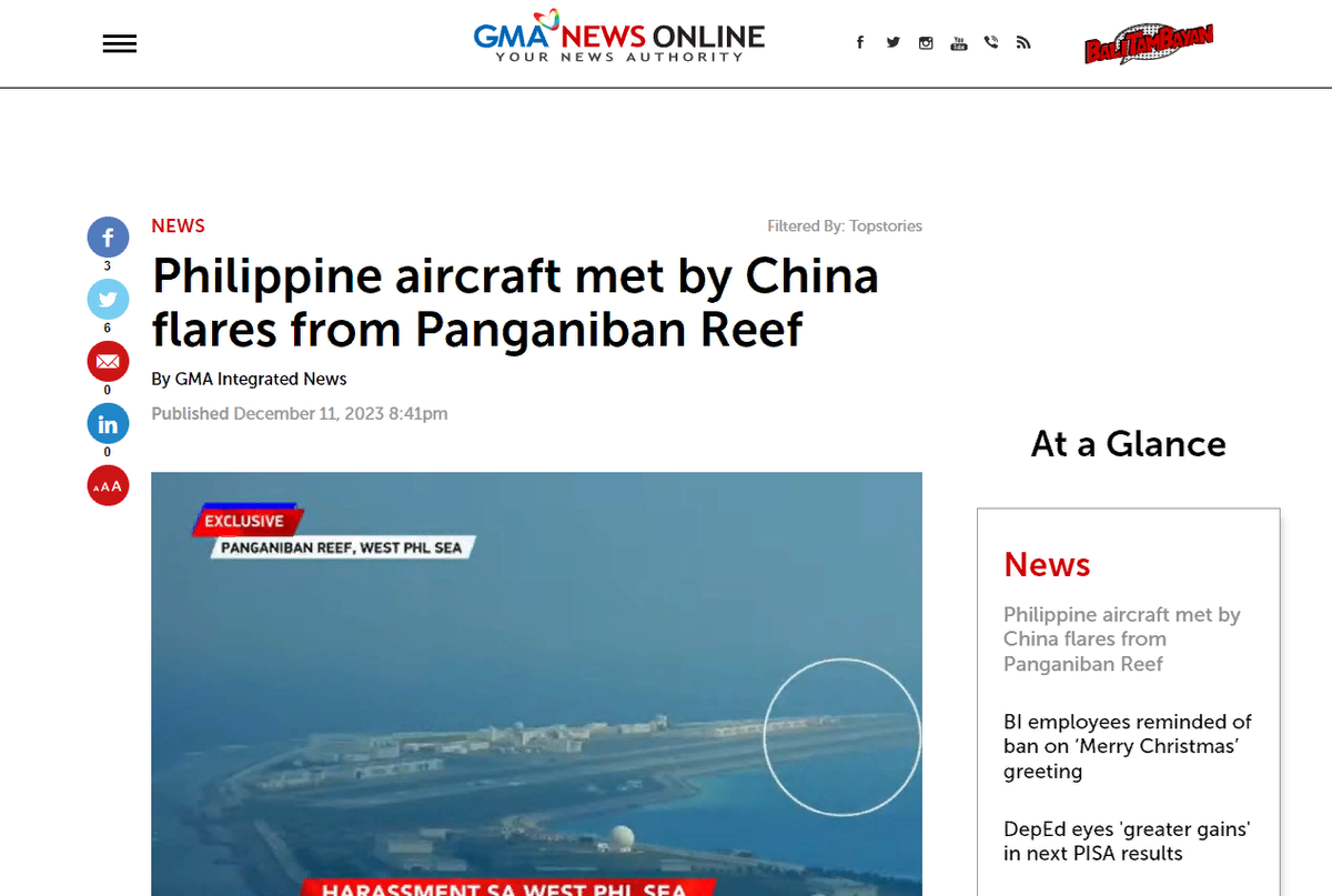 скриншот с сайта https://www.gmanetwork.com/news/topstories/nation/891022/philippine-aircraft-met-by-china-flares-from-panganiban-reef/story/