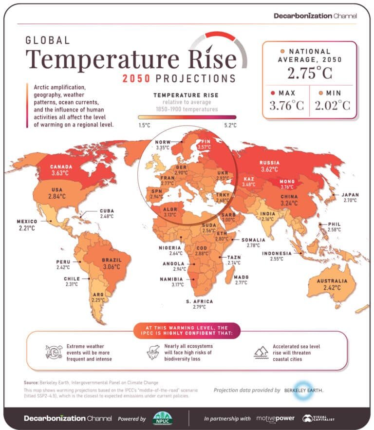    Прогноз изменения глобальной температуры воздуха в странах на 2050 год / © visualcapitalist