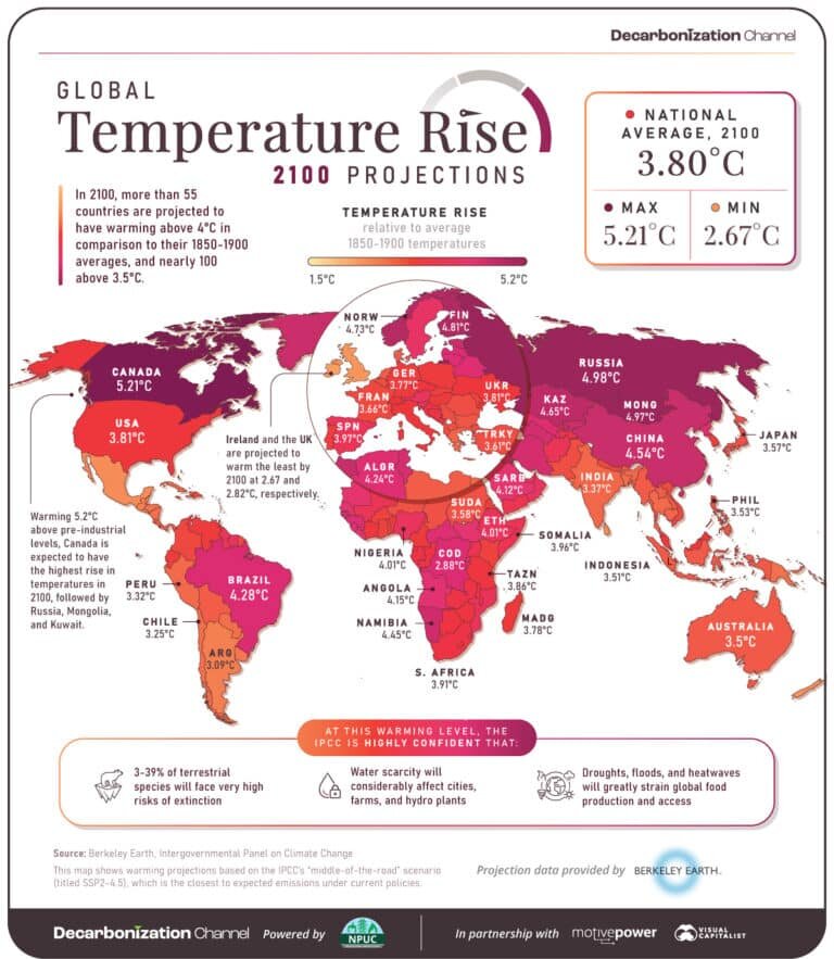    Прогноз изменения глобальной температуры воздуха в странах на 2100 год / © visualcapitalist