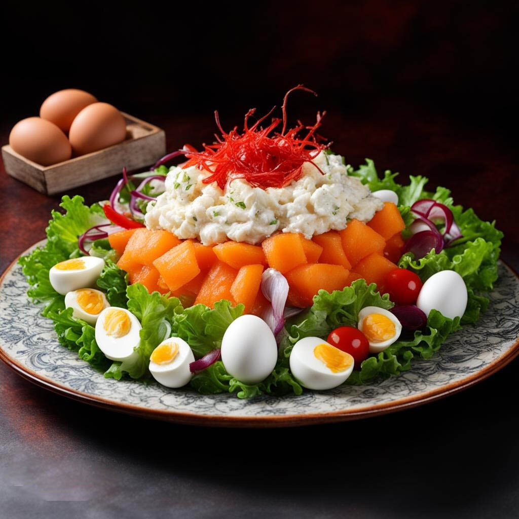 Так видит мой салат нейросеть Кандинский. Интересно ,что это за красные волокна сверху?