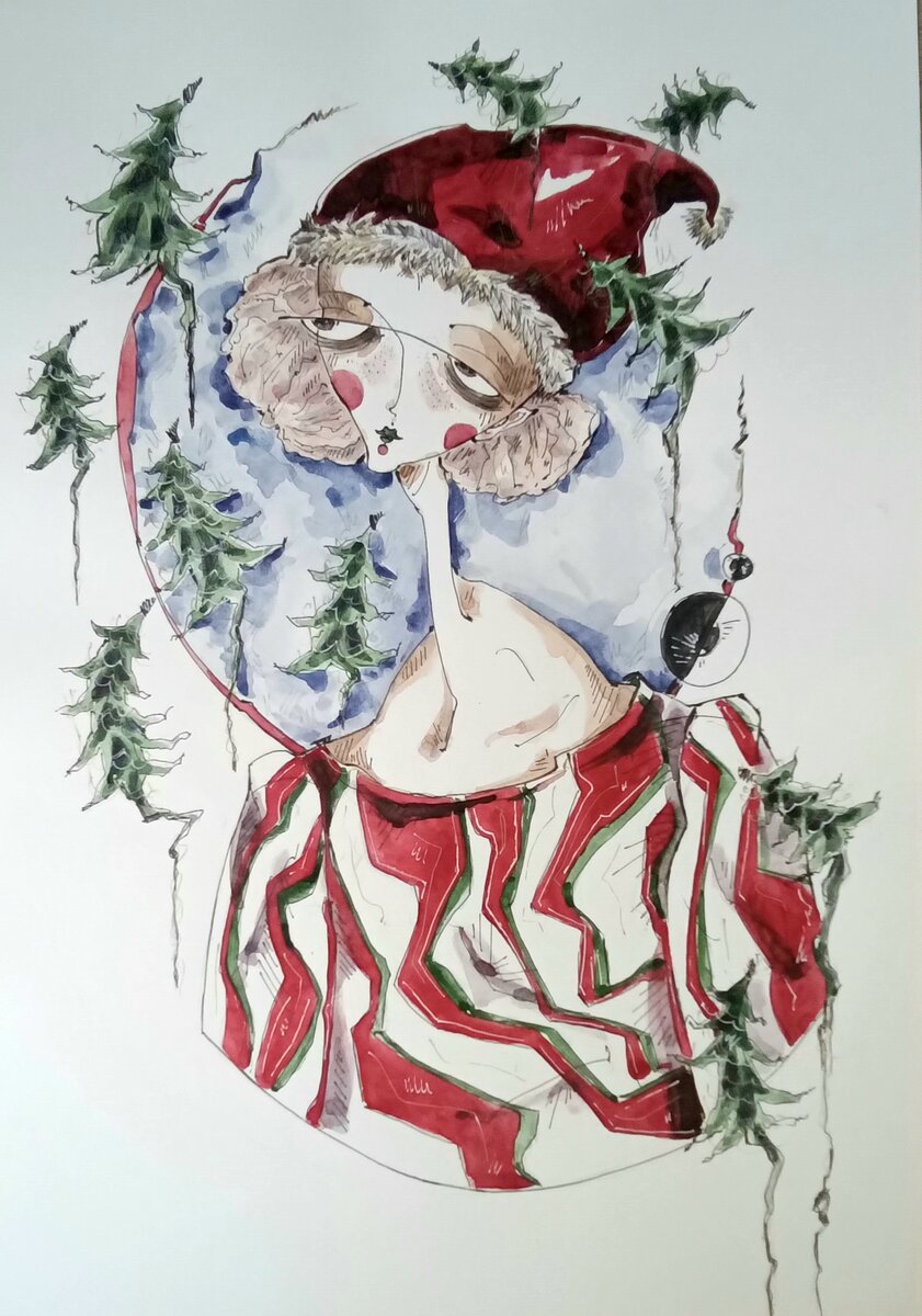 Авторская иллюстрация "Эльф в стране летучих хвостатых новогодних елок"