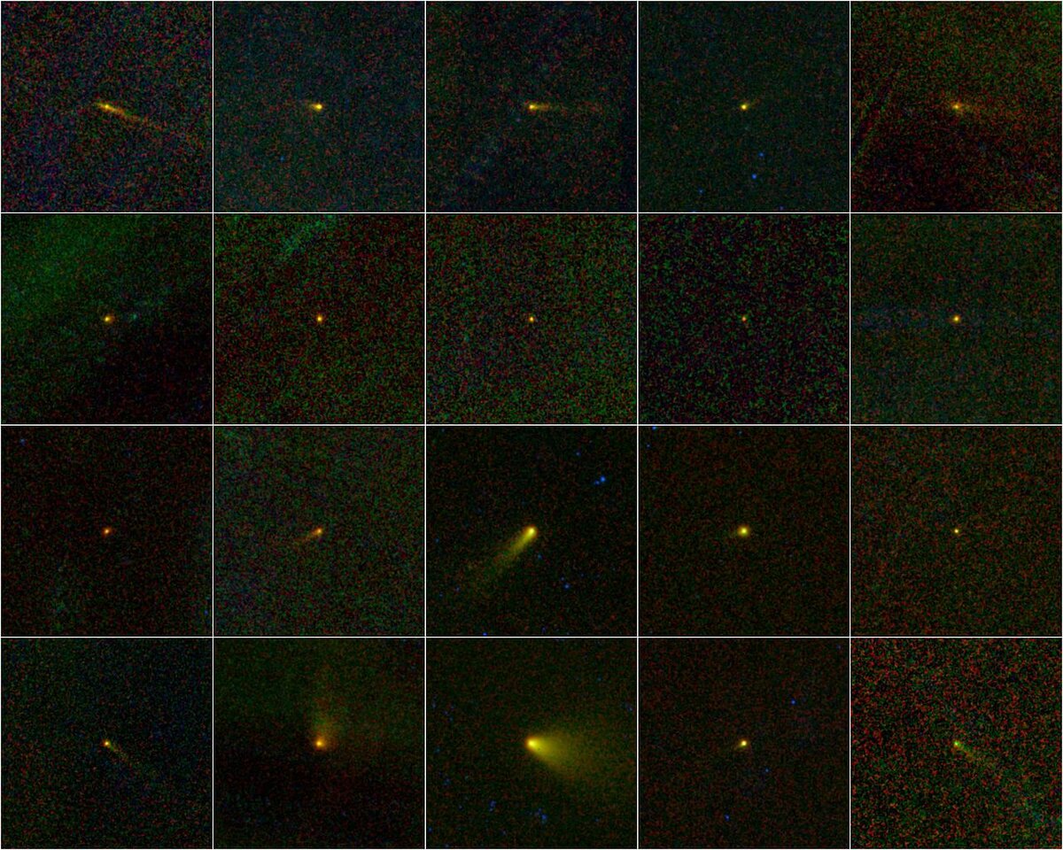 20 комет, обнаруженных в рамках программы NEOWISE (снимок в ИК-диапазоне). 