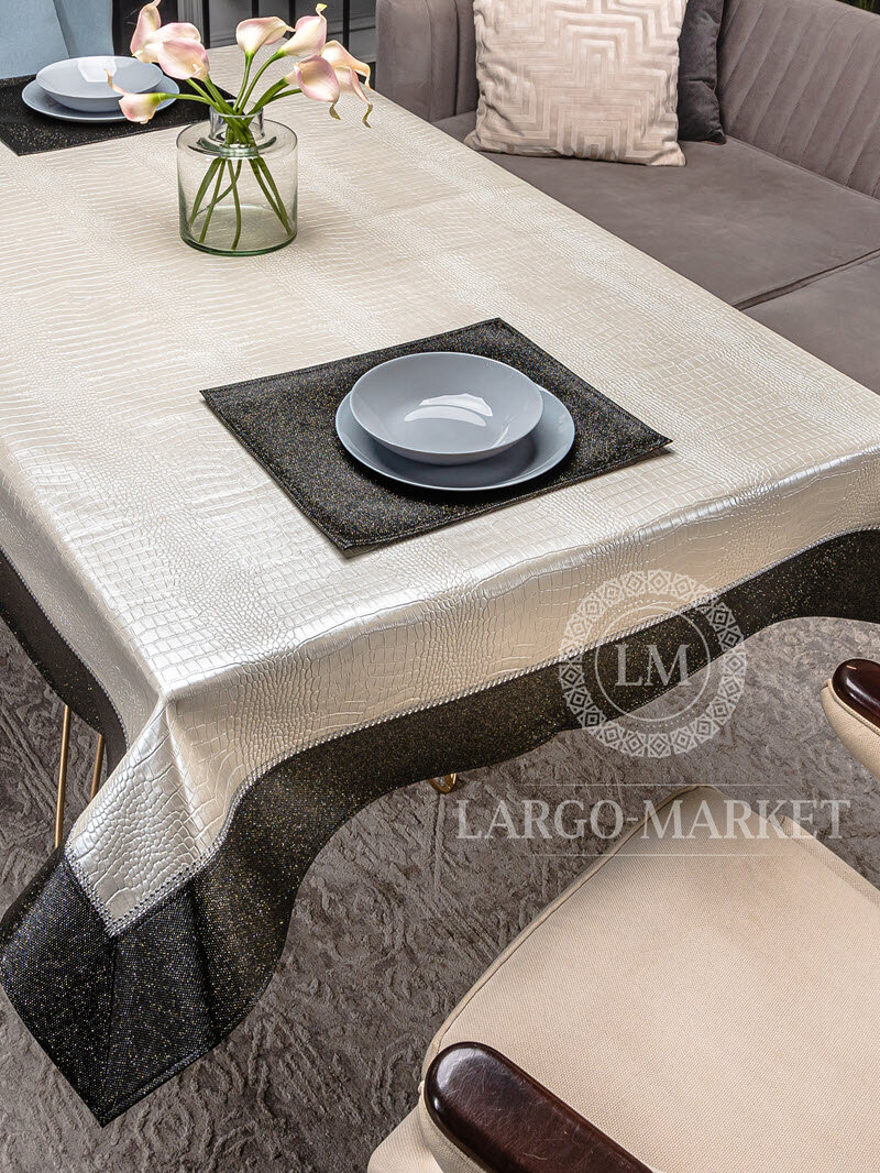 Скатерть из экокожи Крокодил жемчужный (кант черный)